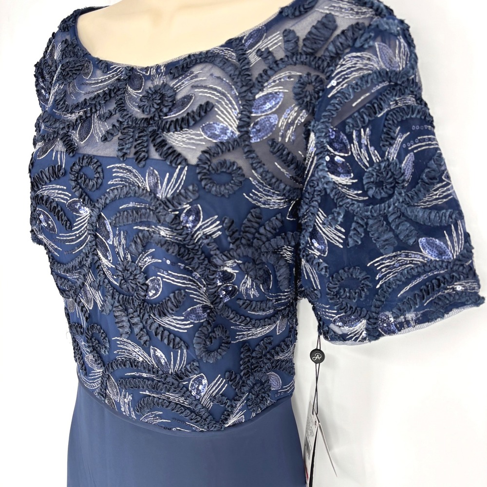 Adrianna Papell Navy Blue Sequin Embroidered High Low Evening Gown Dress 14 NEW